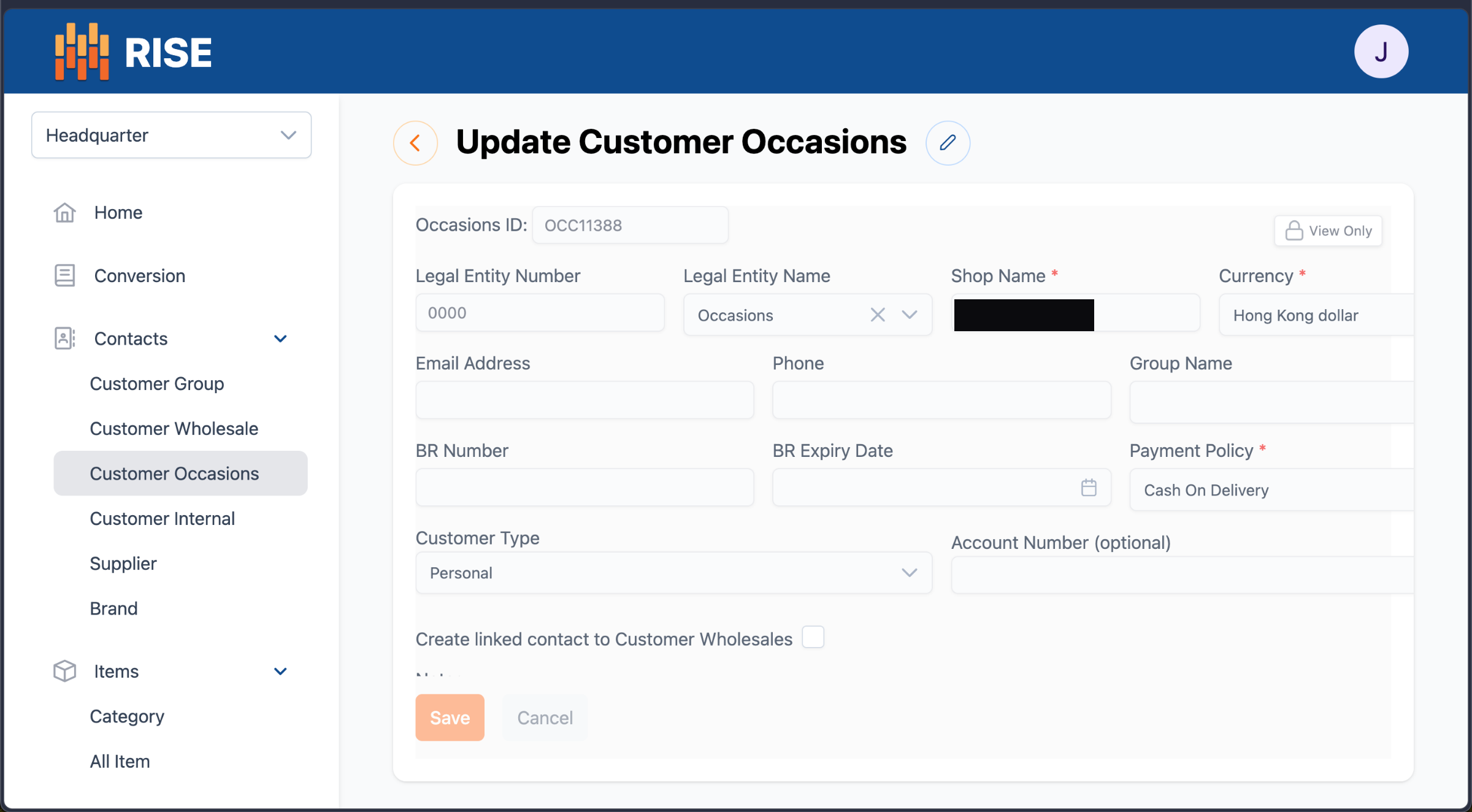 RISE ERP (Laravel + Vue.js) — customer record for the Occasions entity, with B2E/B2C fields (BR number, payment policy, currency).