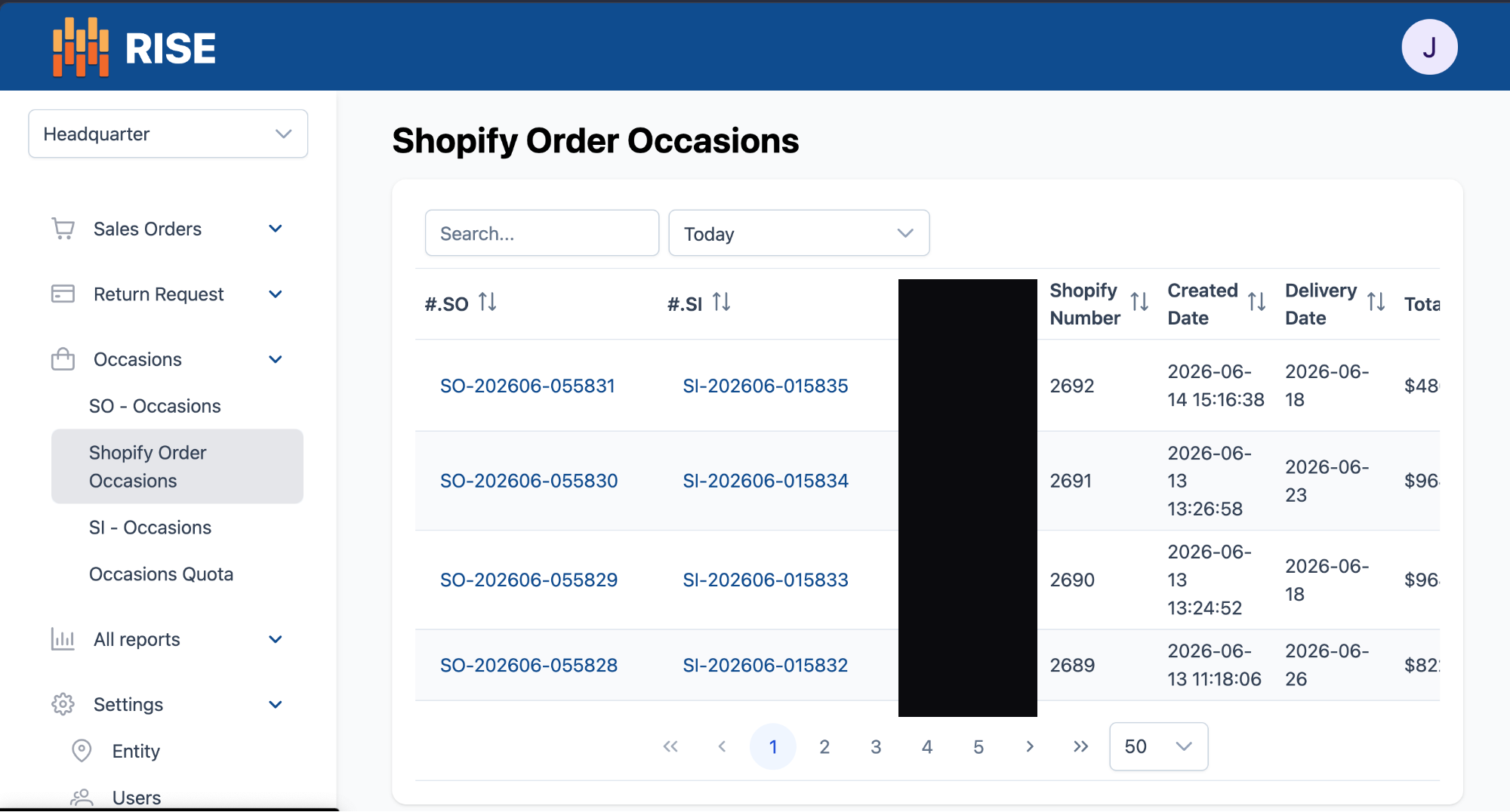 RISE — Shopify orders synced in: each one linked to its Sales Order (SO) and Sales Invoice (SI) number. Customer names redacted.