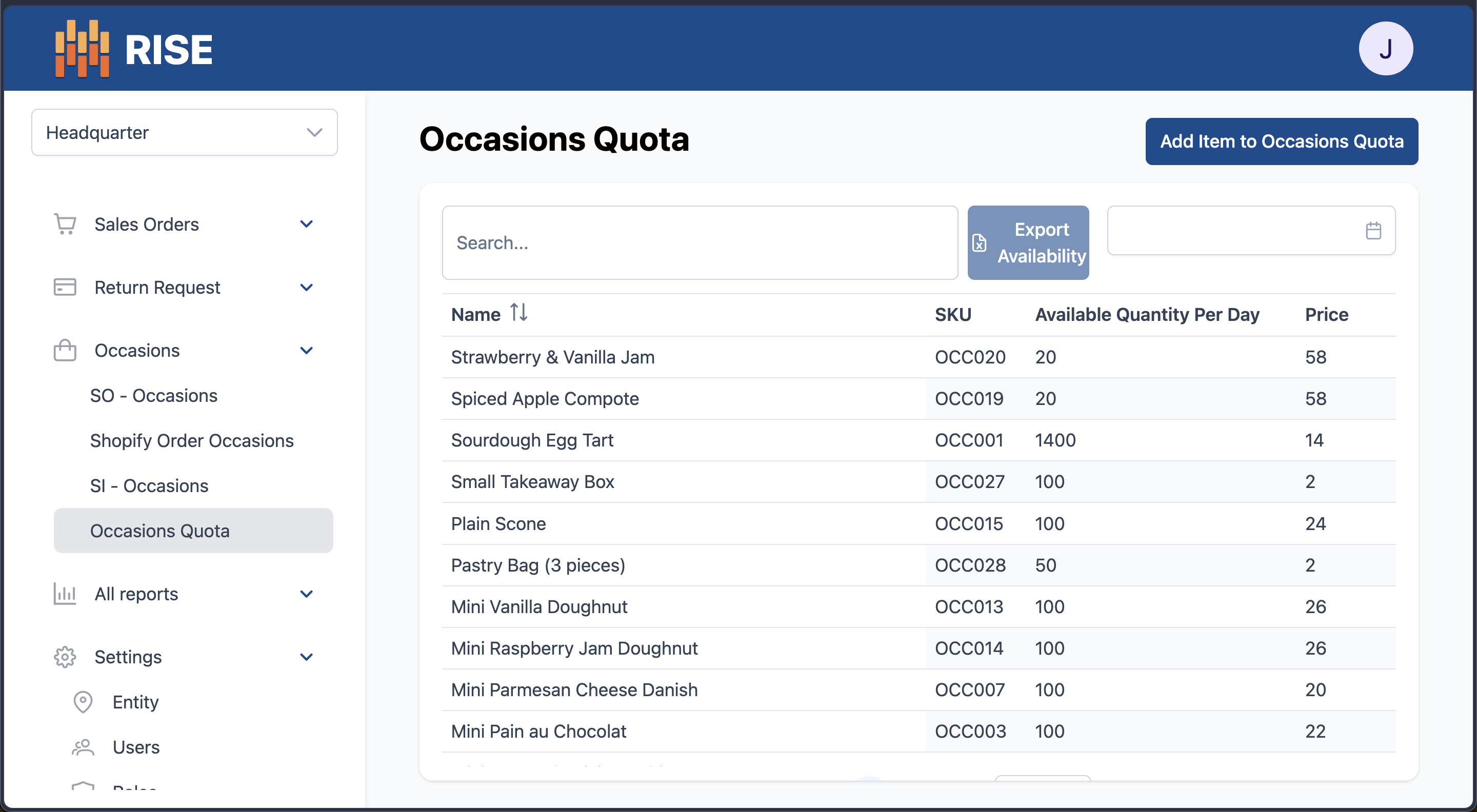 Occasions Quota — per-SKU daily availability caps exported to Shopify so the store never oversells a day's bake.