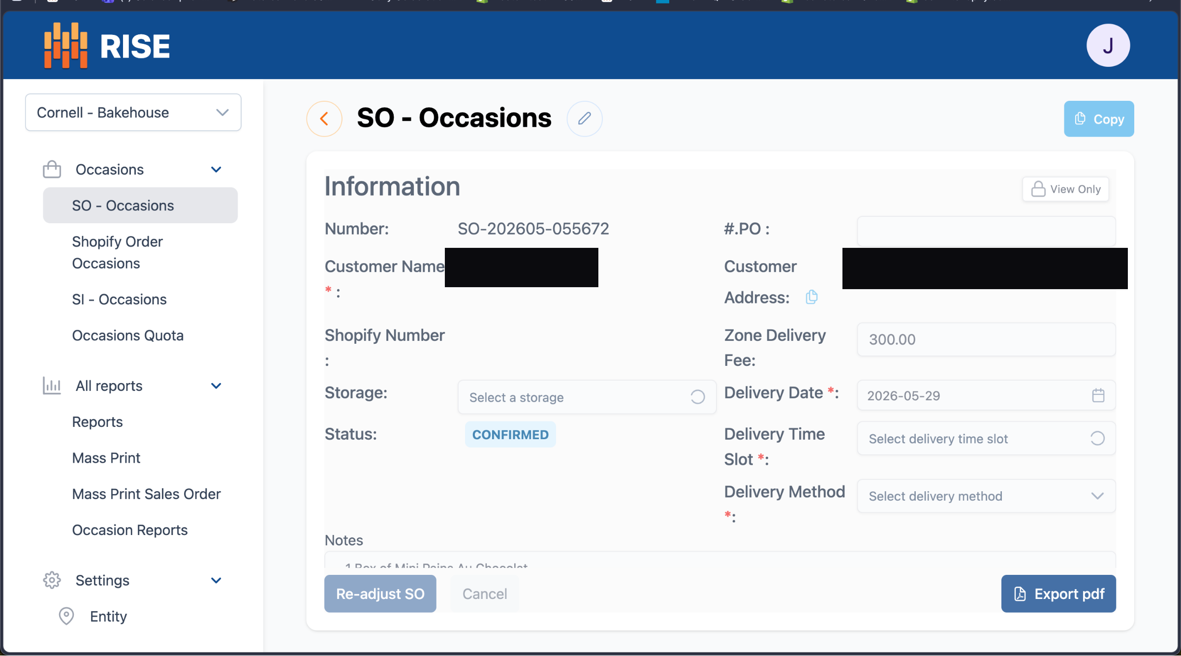 RISE — Sales Order detail: delivery zone fee, date, time slot and method, with PDF export. Customer name and address redacted.