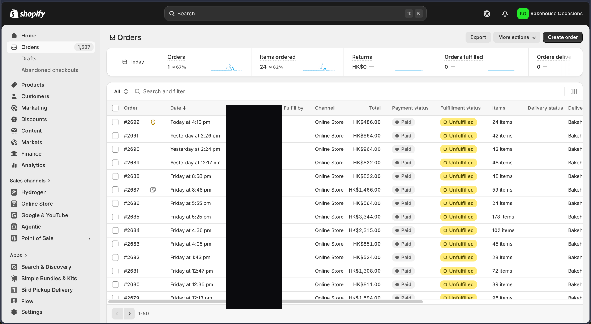 Shopify admin — storefront orders that push into RISE in real time via webhooks. Customer column redacted.